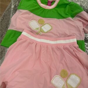 QUEEN OF SPARKLES Vibrant Green and Pink Ensemble pickle ball skort set